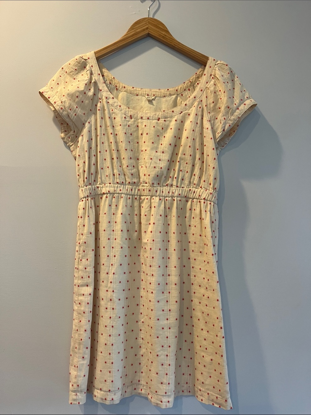 J. Crew Cream Short-Sleeve Dress with Red Dot Print